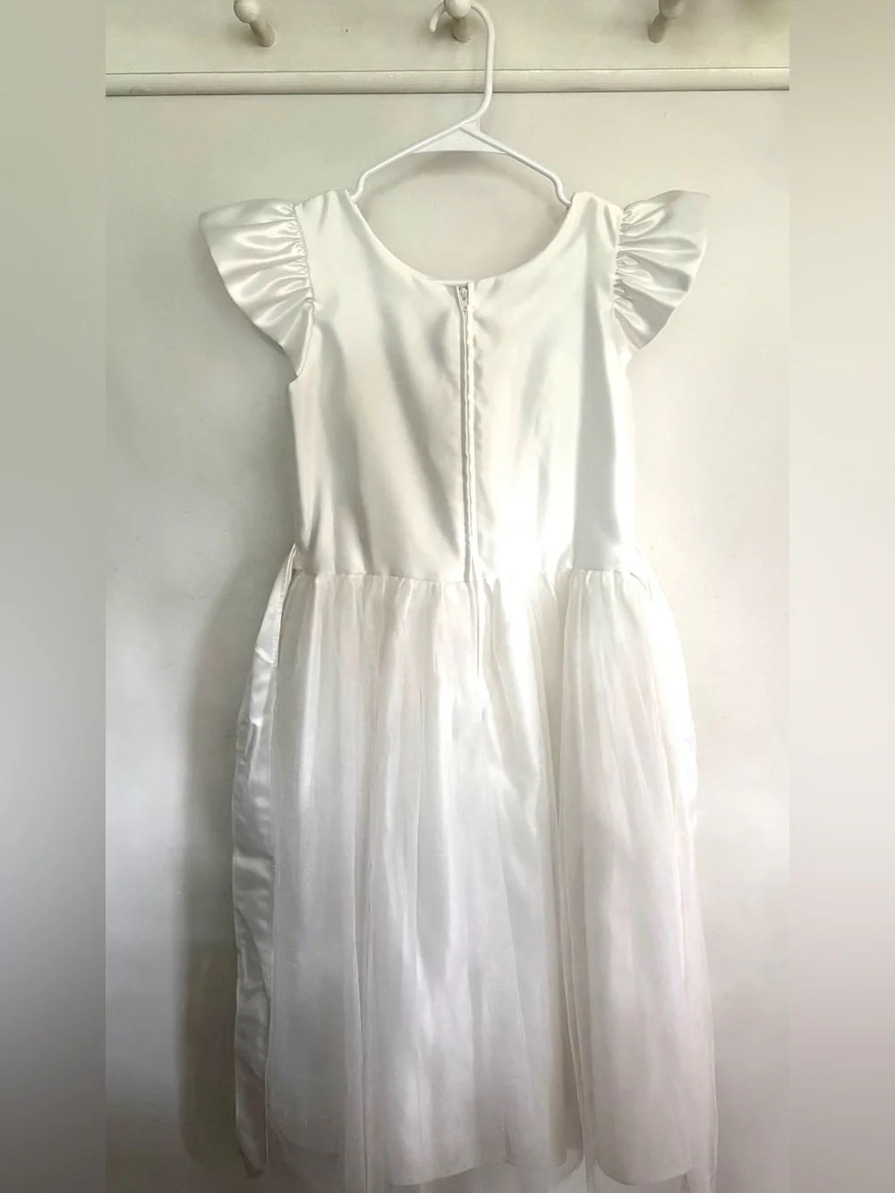Sweet Kids SK948 White Flutter Sleeve Satin with Beaded Floral Trim